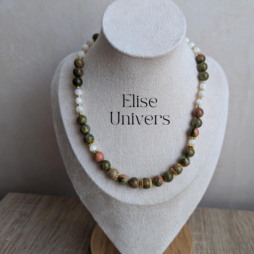 Collier Unakite 8mm et nacre 6mm